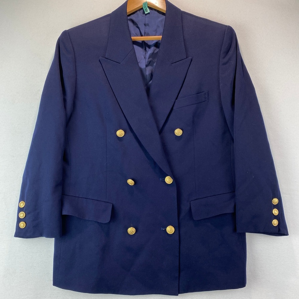 VTG Burberrys Double Breasted Blazer Women 160A Navy Blue Gold Crest Buttons